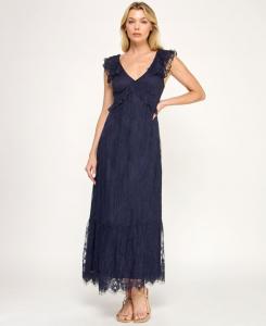 Детское миди-платье с V-образным вырезом, оборками на груди и кружевом Trixxi, Navy