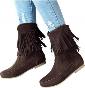 Женские замшевые ботильоны ZBYY с бахромой, модные закрытые носки, средние и высокие, плоские с кисточками, ковбойские короткие ботинки, Brown