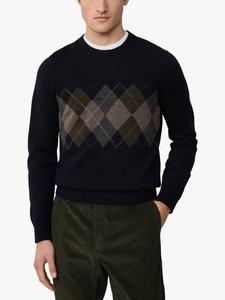 Свитер с узором аргайл из мериносовой шерсти с круглым вырезом Hackett London, Navy