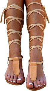 Женские пляжные сандалии ZBYY Gladiator, с T-ремешком, плоские, с ремешками до колена, перекрещивающиеся, с открытым носком, на шнуровке, шлепанцы, 10 Yellow