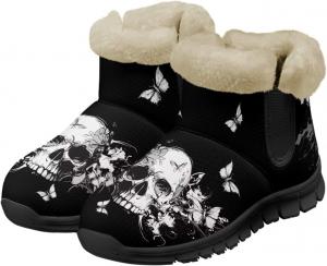 Сапожки с черепом для женщин и мужчин, водонепроницаемые, теплые, пушистые, ботильоны на зиму, для улицы, против скольжения, размеры США 6-12 Pointodoor, Skull Butterfly-Black