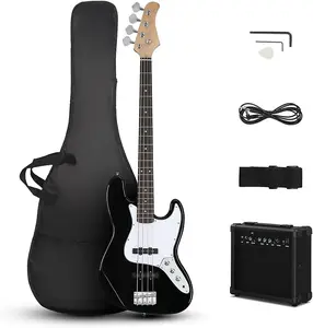 Unbranded Электрическая бас-гитара с усилителем 20 Вт, 4-струнный комплект для правшей для начинающих и профессионалов с сумкой, плечевым ремнем, медиатором и инструментом для настройки (черный)
