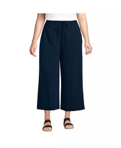 Спортивные трикотажные широкие укороченные брюки с эластичной резинкой на талии больших размеров Lands' End, синий
