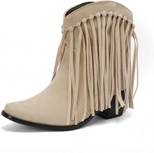 Женские ковбойские ботинки MRKEWUNEY с бахромой, на массивном каблуке, укороченные, с заостренным носком и кисточками, 14 Beige