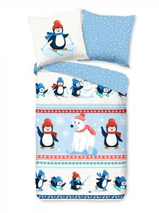 Traumschloss Уютное фланелевое постельное белье - Пингвины - Пингвины и белый медведь в зимней сказке, снежинки на синем фоне