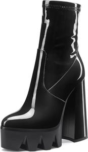 Женские ботильоны на платформе Aachcol с толстым каблуком, высокой пяткой, коротким голенищем, молнией, округлым закрытым носком, лакированные, каблук 5,5 дюйма, Black