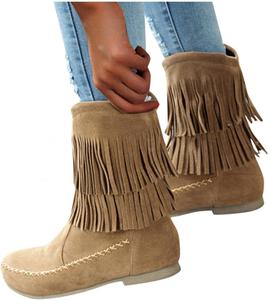 Женские замшевые ботильоны ZBYY с бахромой, модные закрытые носки, средние и высокие, плоские с кисточками, ковбойские короткие ботинки, Yellow