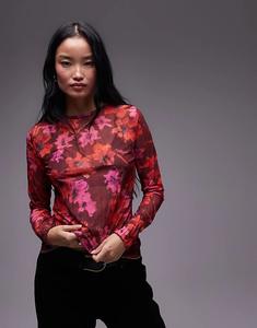 Топ с длинными рукавами из сетчатой ткани с цветочным принтом бордового цвета Topshop