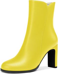 Женские формальные ботильоны SKYSTERRY с матовой поверхностью, круглый носок, на молнии, наружные, с блоковым высоким каблуком 3,3 дюйма, Yellow