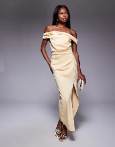 Платье миди ASOS DESIGN с открытыми плечами и закручивающимся лифом, светло-желтого цвета