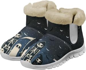 Зимние сапоги с принтом коровы JoyLamoria Sunflower для женщин, утепленные мехом, теплые ботильоны до щиколотки, для холодной погоды, прогулок на улице, снежные ботинки, помощник для легкого надевания, Skeleton Bat