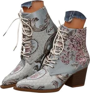 Женские винтажные ковбойские ботинки с вышивкой и цветочным узором на массивном каблуке, этнические ботильоны для женщин, невесты, на свадьбу и вечеринку, с заостренным носком, массивным каблуком, шнуровкой и короткой юбкой Generic, A-Blue