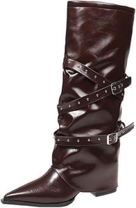 Женские сапоги до колена, сапоги с отворотом, высокие сапоги на массивном каблуке, длинные сапоги с молнией, заостренный носок, платье, высокие сапоги для женщин Generic, Brown