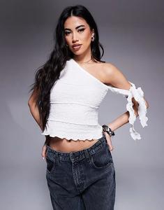 Топ ASOS DESIGN с волнистой текстурой, завязками по бокам и асимметричным вырезом цвета слоновой кости