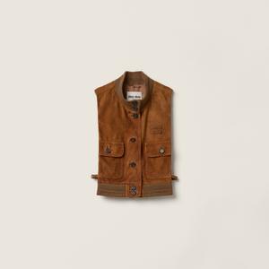 Жилет из восковой замшевой кожи MIU MIU, коричневый
