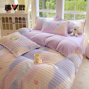 Yalu Комплект постельного белья 1,5 м, 4 предмета, простыня на резинке, пододеяльник 200x230 см, молочный бархат + пузырчатый вельвет, цвет Ziyun Aixin