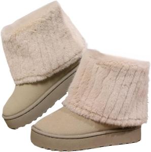 Женские зимние сапоги Faithgee с искусственным мехом, короткие, на платформе для тепла, стильные повседневные мягкие сапоги с отворотом для активного отдыха осенью и зимой, Beige