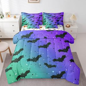 Erosebridal Комплект постельного белья Halloween Bats с неоновым принтом летучих мышей, праздничный дизайн, Blue Purple Green