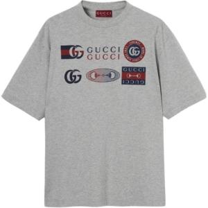 Футболка из печатного хлопкового джерси GUCCI, светло-серый