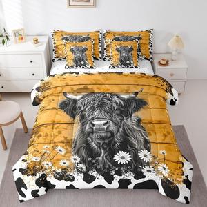 Erosebridal Комплект постельного белья Highland Cow с принтом коровы в оранжевых тонах, западный стиль, фермерский дизайн, Orange Black