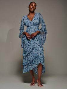 Платье с цветочным принтом и ярусами на рукавах-фонариках Jolie Moi, Blue