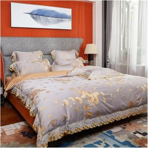YUSIWOAL Комплект постельного белья стильный с кружевом и золотыми листьями серый люкс сатин хлопок One Color