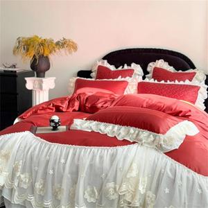 YUSIWOAL Комплект постельного белья из двухслойного шифона с кружевом и вышивкой цветов бежевый Red