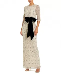 Платье-Футляр с рукавами 3/4, расшитое бисером, из сетчатой ткани, с поясом-бантом. Mac Duggal, белый