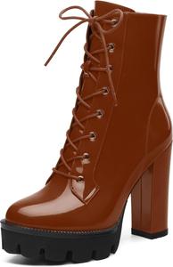 MISEZOXI Женские коричневые однотонные ботильоны на массивной платформе с шнуровкой, круглый носок, каблук 4,5 дюйма, повседневные, на все сезоны, для косплея
