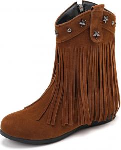 Женские ковбойские ботильоны с бахромой, круглый носок, молния, низкий клин с скрытым каблуком, зимние и осенние, с кисточками, короткие ковбойские ботинки JOEUSTY, Tan-Velvet Lined