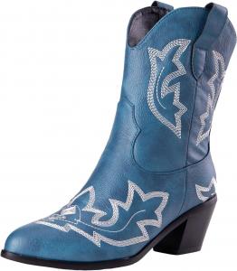 Женские ковбойские сапоги с вышивкой, заостренный носок, широкий голень, ковбойские сапоги, массивный каблук, с легким надеванием, короткие западные сапоги, широкий голень, кантри-сапоги высокой посадки для стильной девушки Generic, 1-Blue