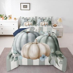 Erosebridal Комплект постельного белья Watercolor Blue White Pumpkin с утепленным одеялом, осенний принт с листьями эвкалипта, Blue Green White