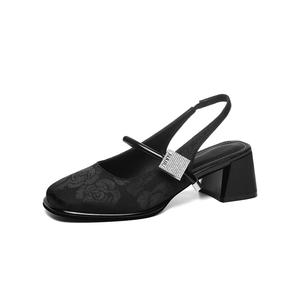 Туфли Мэри Джейн на массивном каблуке 6,0 см Женские Золотой Шёлковый Кролик, Бежевый