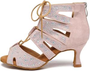 Женские бальные латинские сальса туфли для танцев, босоножки с открытым носком на шнуровке, каблуки, YCL570 RUYBOZRY, Pink-2.33 Inch Heel