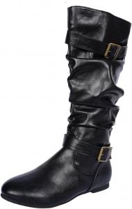 Женские высокие ботинки до колена, мягкие плоские мотоциклетные ботинки, кожаные с пряжками, круглый носок, боковая молния, модные ковбойские ботильоны Generic, Black