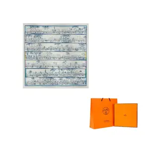 HERMES Шарф из тутового шелка с ручным подрубленным краем Unisex White/Denim Blue/Rose