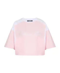 Двухцветная футболка с фирменной вышивкой Balmain, розовый