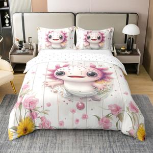 Erosebridal Комплект постельного белья Lovely Axolotl из 100% хлопка с принтом морских амфибий и подсолнухов в винтажном стиле, Pink Yellow White