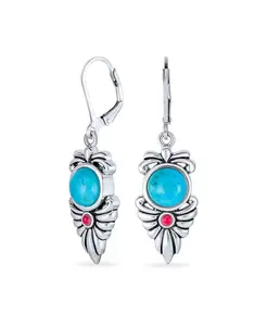 Серьги-Подвески с перьями на застежке-рычаге из стерлингового серебра в стиле цветка тыквы в стиле коренных американцев юго-запада, разноцветные, сине-зеленые, с натуральным бирюзовым, красным сердоликом Bling Jewelry, turquoise