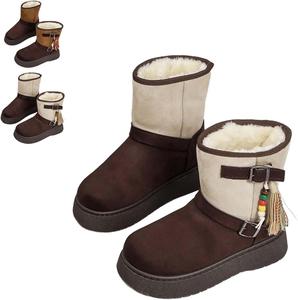 Короткие теплые зимние ботинки для женщин с цветными вставками, ботильоны на платформе с ремешками, кисточками и бахромой Generic, Apricot