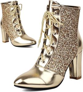Женские блестящие ботильоны с острым носком, пайетками и шнуровкой, с декоративными блестками, на массивном каблуке в стиле вестерн DEVILEYEZE, Gold
