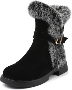 Женские замшевые зимние ботинки с меховым воротником, боковой молнией, мягкой подошвой, противоскользящие, модные, уютные ботинки до щиколотки для прогулок и официального образа NVBUKE, Black