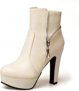 Женские ботильоны VOKLIN с массивной платформой, высоким каблуком-блоком, круглым носком и боковой молнией, модные короткие ботинки, Beige-Velvet Lined