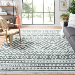 Ковер SAFAVIEH, 275 x 366 см, Augustine Collection, Green & Ivory, Moroccan Boho Tribal Fringe Design, Non-Shedding & Easy Care, идеально подходит для помещений с высокой проходимостью в гостиной, спальне (AGT849Y)