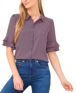 Женский топ с воротником на пуговицах и рюшами на локтевых рукавах Cece, оранжевый