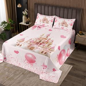 Erosebridal Комплект постельного белья для девочек Pink Princess с розовыми бантами, замком и сердечками в стиле кавай, Pink White