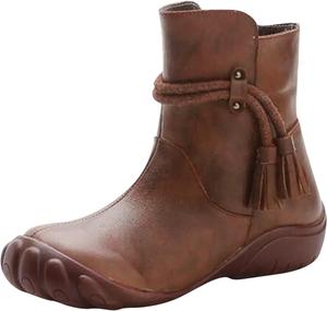 Generic Женские классические средние ботинки с плоской подошвой и невысоким голенищем, ботинки без шнуровки до середины икры, кожаные туфли для женщин, модные ковбойские ботинки для мамы (красные, размер UK 6)