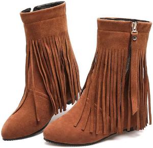 BHDJK Женские замшевые ботинки с кисточками, утепленные, на плоской подошве, с боковой молнией, модные с заостренным носком, низким каблуком, повседневные мокасины до середины икры