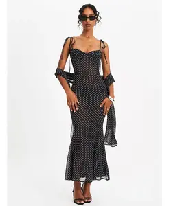 Женское платье макси Yadira черное в горох из шифона Miss Circle