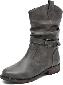 Женские ковбойские сапоги Veittes до середины голени с низким массивным каблуком, боковой молнией, стилем мотоцикл, классическим круглым носком, модные вестерн-сапоги (черные/темно-коричневые/серые)